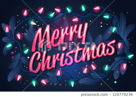 Christmas lights and festive theme with colorful bulbs and pine branches on dark background holiday design template Christmas lights and festive theme with colorful bulbs and pine branches on dark background holiday design template 120779236