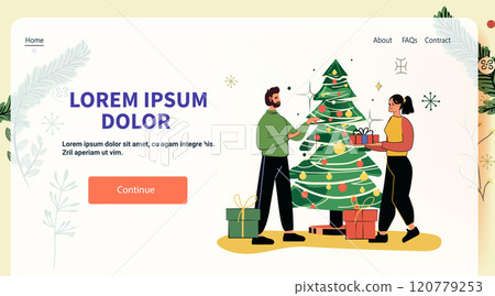 Christmas celebration couple decorating tree exchanging gifts festive scene website design Christmas celebration couple decorating tree exchanging gifts festive scene website design 120779253