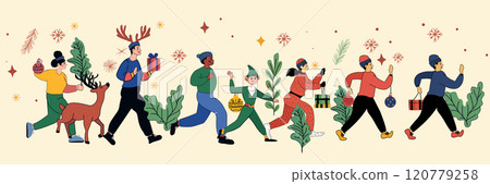 Christmas parade festive characters carrying gifts reindeer ornaments snowflakes greenery colorful attire winter theme holiday celebration website banner 120779258