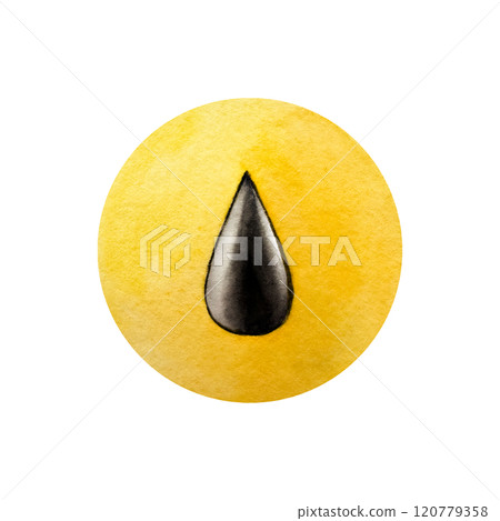 Oil drop symbol on yellow circle. Watercolor hand drawn Barrel, recycling illustration isolated on background. Gas, energy, organic or ecology. Environmental, earth day. For designers 120779358