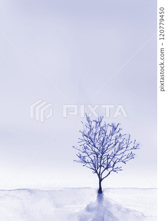 冬日樹林矗立在雪山上，畫著水彩藍紫色手繪插圖，有複製空間 120779450