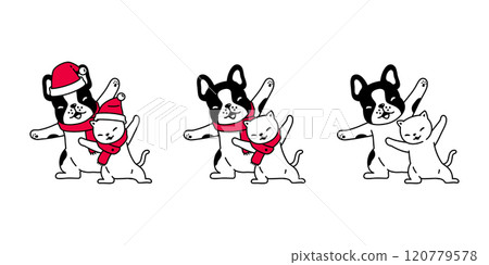 dog cat vector french bulldog santa claus hat christmas icon cartoon character kitten neko calico puppy pet doodle illustration clip art symbol isolated design 120779578