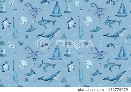 Whales, jellyfish and octopus textured watercolor blue monochromatic seamless pattern on blue background. High quality hand-drawn art. Great for textile, souvenirs, wallpaper, eco materials design Whales, jellyfish and octopus textured watercolor blue monochromatic seamless pattern on blue background. High quality hand-drawn art. Great for textile, souvenirs, wallpaper, eco materials design 120779679