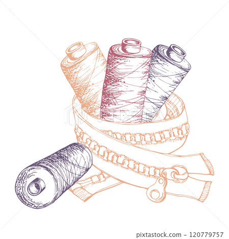 Sewing craft supplies. Wooden thread spools bobbins, clothes zipper. Hand drawn ink vector illustration. Composition isolated on white background. Design atelier, tailor, hobby shop, fashion boutique 120779757