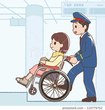 A cute wheelchair-bound woman and a station attendant 120779762