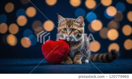 Adorable tabby kitten holding a red heart on a glittery surface with a bokeh background, symbolizing love and affection. Valentines day 120779960