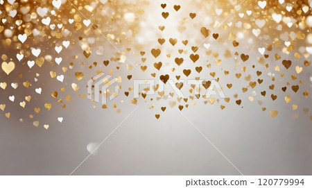 Golden and white heart shapes scattered elegantly on a soft light bokeh background, symbolizing romance and celebration. Valentines day background 120779994