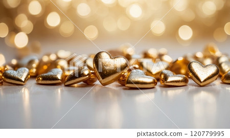 Close-up of golden heart decorations on a soft glowing bokeh background, creating a romantic and luxurious atmosphere. Valentines day 120779995