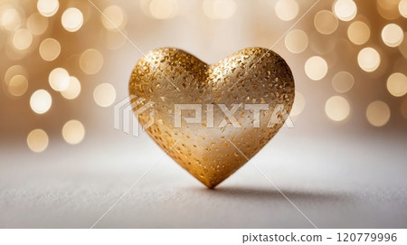 Close-up of golden heart decorations on a soft glowing bokeh background, creating a romantic and luxurious atmosphere. Valentines day 120779996