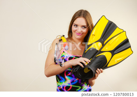 Woman with flippers and snorkeling mask having fun Woman with flippers and snorkeling mask having fun 120780013