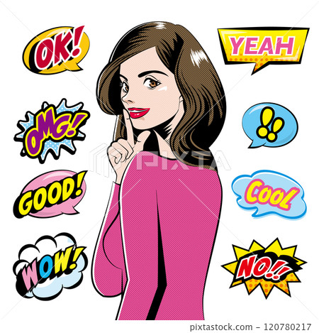 美國漫畫風格的女人插畫和演講泡沫設置 A 美國漫畫風格的女人插畫和演講泡沫設置 A 120780217