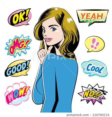 美國漫畫風格的女人插畫和演講泡泡集 B 美國漫畫風格的女人插畫和演講泡泡集 B 120780218