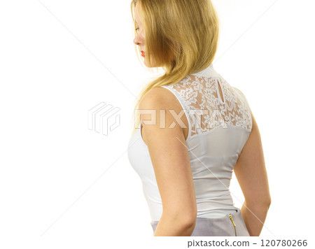 Woman wearing white top Woman wearing white top 120780266