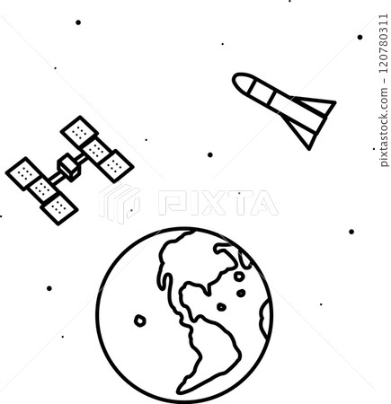 火箭、衛星和地球的插圖 - 僅線圖 120780311