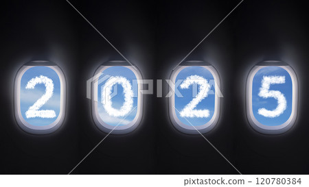 cloud 2025 outside the plane window, four airplane windows open white window shutter wide with blue sky view and white cloud in 2024 shape 120780384
