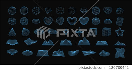 3d wireframe shapes collection, perspective grid figures, tech mesh blue line dimensional elements vector set on black 120780441