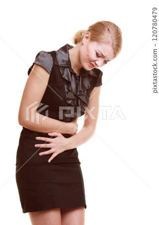 Indigestion. Woman suffering from stomach pain isolated. 120780479