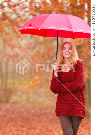 Fashion woman with umbrella relaxing in fall park. Fashion woman with umbrella relaxing in fall park. 120780536
