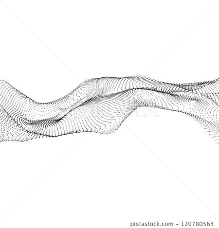 Wave of many lines flowing particles, abstract wavy black dotted stripes, vector curvy dynamic sound stream, wireframe 120780563