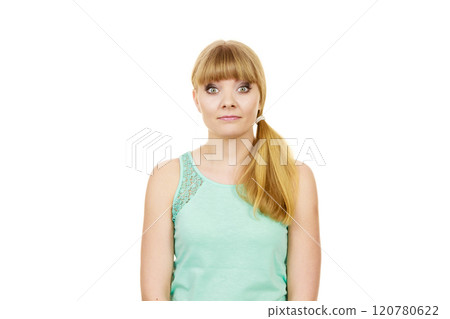 Concerned scared shocked woman Concerned scared shocked woman 120780622