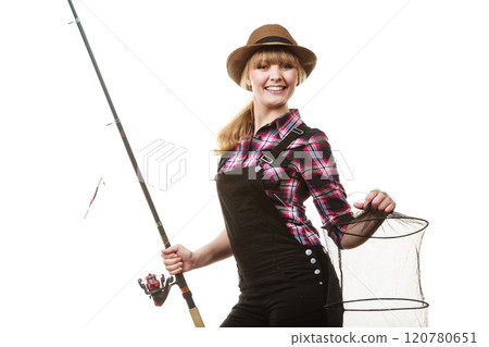 Happy woman holding fishing rod and keepnet 120780651