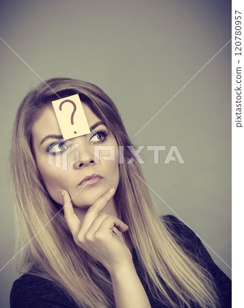 Closeup of woman thinking face expression 120780957