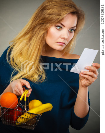 Worried woman holding shopping basket with fruits 120780981