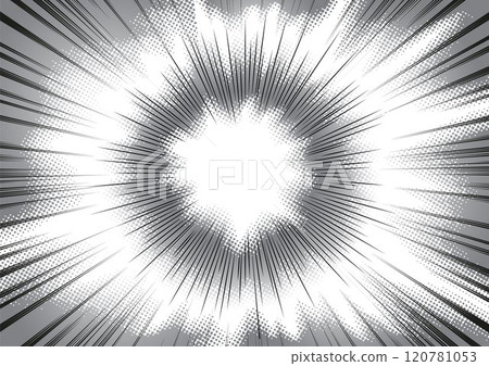 Radial black and white radial speed lines vector background Manga or anime frame, zoom motion grey dotted striped effect 120781053