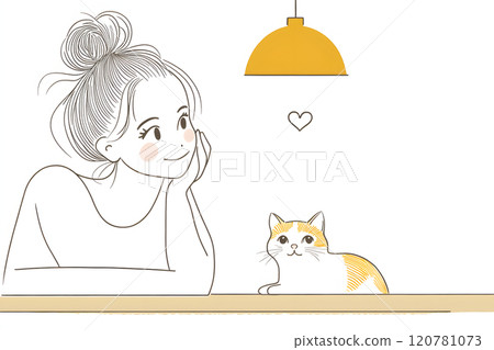 一隻可愛的貓和一個女人在一起度過時光的和平插圖 120781073