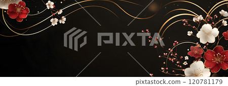 新年的形象。黑色背景上漂浮的華麗日式花卉圖案 120781179