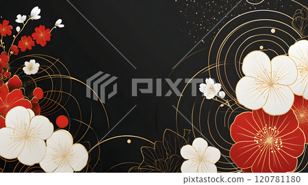 New Year's image. Gorgeous Japanese-style flower pattern on a black background 120781180
