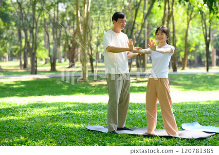 Smiling father and daughter enjoying Tai Chi session in a peaceful park 120781385