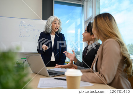 Professional senior businesswoman explaining new ideas and strategy with team during meeting Professional senior businesswoman explaining new ideas and strategy with team during meeting 120781430