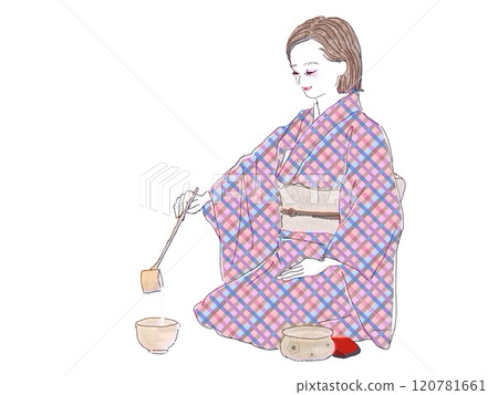 A woman in a kimono pouring hot water into a tea bowl with a ladle during a tea ceremony 120781661