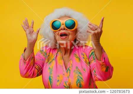Colorful senior woman portrait with joyful smile 120781673