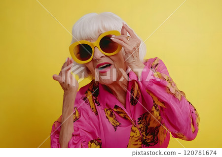 Colorful senior woman portrait with joyful smile 120781674
