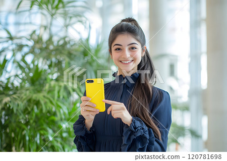 Smiling young woman holding a yellow smartphone 120781698