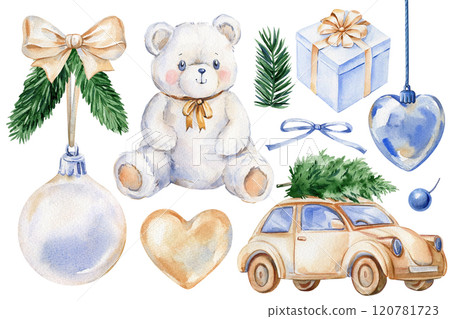 Elegant watercolor Christmas set holiday decor, teddy bear, ball retro car, cozy winter elements for creative designs Elegant watercolor Christmas set holiday decor, teddy bear, ball retro car, cozy winter elements for creative designs 120781723