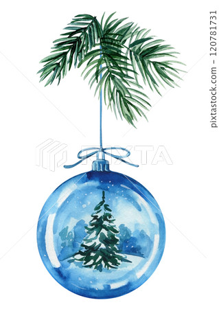 Blue bauble with pine branch. Christmas ornament decoration isolated. Watercolor Winter landscape in crystal snowball 120781731