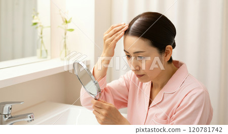 A woman who is concerned about thinning hair A woman who is concerned about thinning hair 120781742