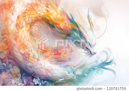 夢幻般的花朵和龍的美麗抽象插圖 120781750