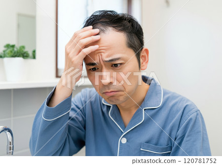 因為頭髮逐漸稀疏而不知所措的男人 因為頭髮逐漸稀疏而不知所措的男人 120781752