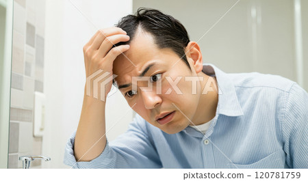 一名男子注意到額頭上的髮線明顯後退。 一名男子注意到額頭上的髮線明顯後退。 120781759