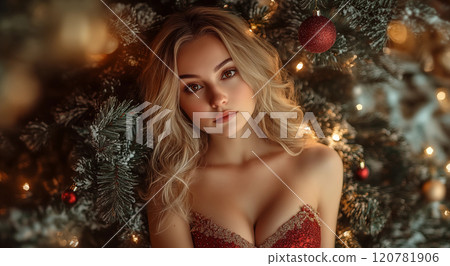 A beautiful woman wearing a tight Christmas dress in the Christmas atmosphere 120781906