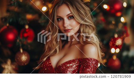 圣诞氛围中一名身穿紧身圣诞连衣裙的美丽女人 120781909