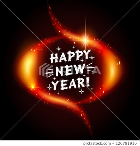Glowing Fire Round with Happy New Year Lettering 120781910