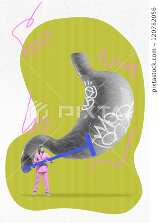 Contemporary art collage. Abstract artwork of woman, nurse cleaning graffiti off 3D stomach, symbolizing digestive health and medical care. Contemporary art collage. Abstract artwork of woman, nurse cleaning graffiti off 3D stomach, symbolizing digestive health and medical care. 120782056