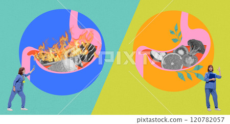 Contemporary art collage. Split image showcasing effects of diet on stomach health, with one side representing fiery unhealthy food and other fresh healthy food. Contemporary art collage. Split image showcasing effects of diet on stomach health, with one side representing fiery unhealthy food and other fresh healthy food. 120782057
