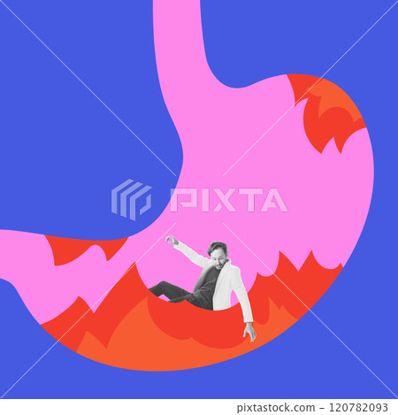 Contemporary art collage. Man in white coat caught in fiery stomach against blue background. Acid reflux and its symptoms 120782093