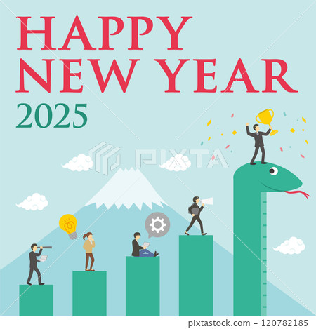 New Year's card of the year 2025 with a snake and a graph with a working person on it_happy new year_square New Year's card of the year 2025 with a snake and a graph with a working person on it_happy new year_square 120782185